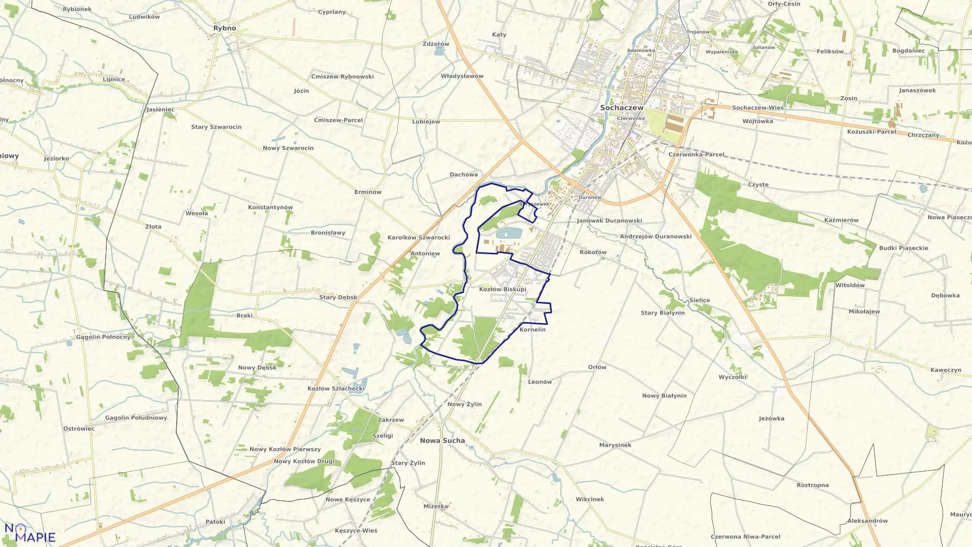 Mapa obrębu KOZŁÓW BISKUPI w gminie Nowa Sucha